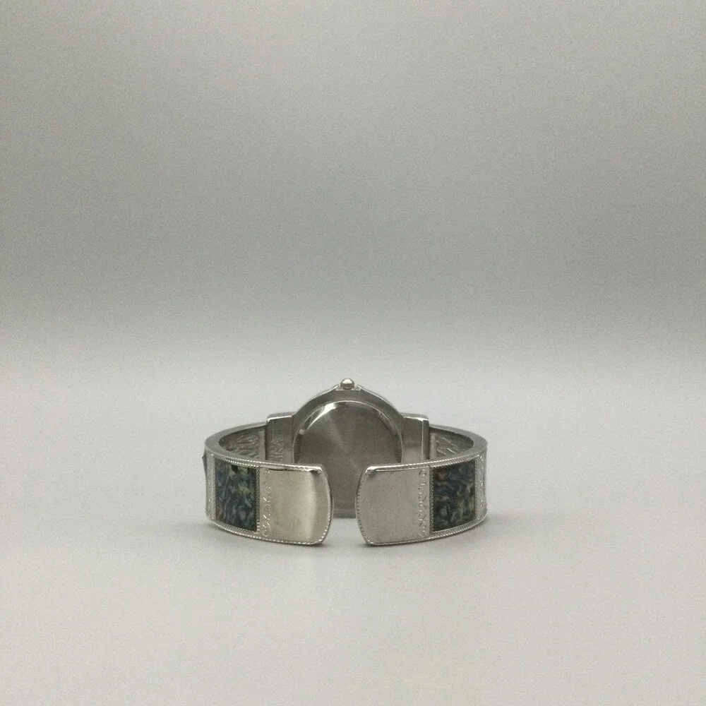 Studio Womens Watch 32mm Crystal Bezel Open Cuff Silver Tone Inlay New Battery